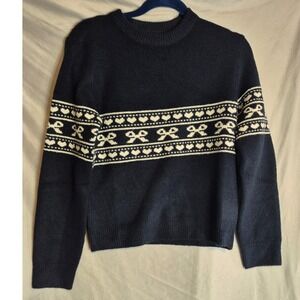 Motel Sweater XS Blue‎ White Bow Heart Pattern Long Sleeve Knit Top